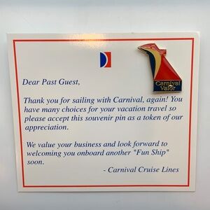 Vintage Carnival Cruise Lines Carnival Valor Collectible Lapel Pin and Card